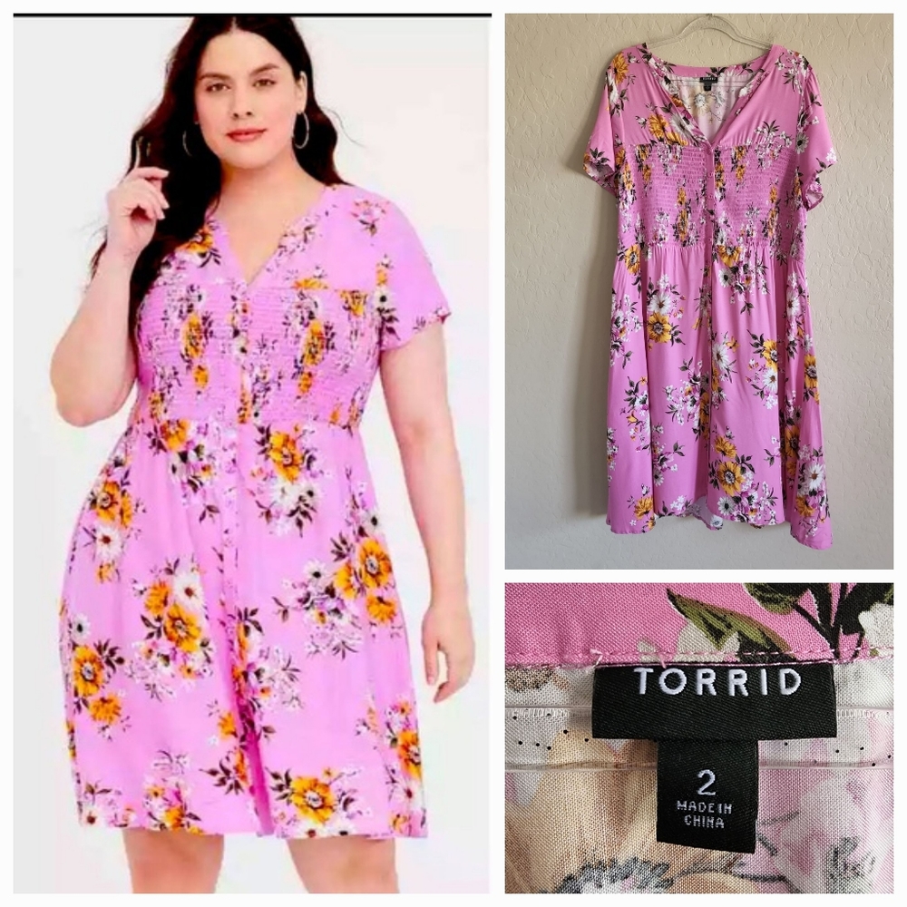 Torrid Pink Floral Challis Shirt Dress Sz 2